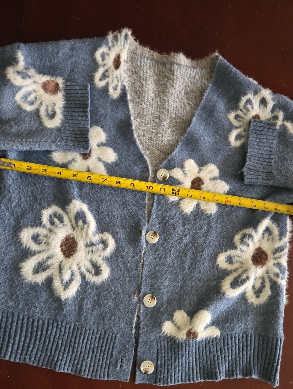 Blue Floral Button-Up Fuzzy Cardigan Sweater